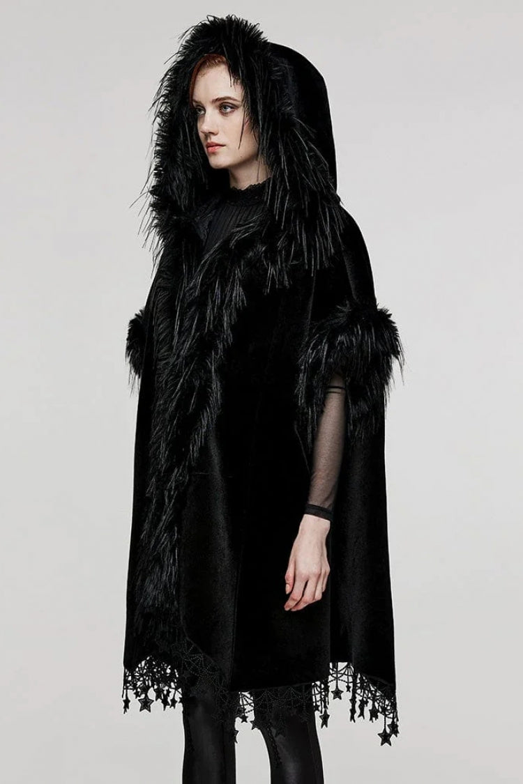 Black Bat Sleeves Tassel Faux Fur Stitching Lace Hooded Womens Gothic Elegant Cloak