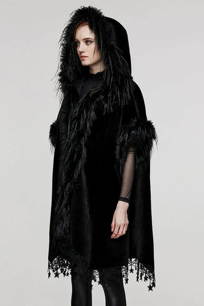 Black Bat Sleeves Tassel Faux Fur Stitching Lace Hooded Womens Gothic Elegant Cloak