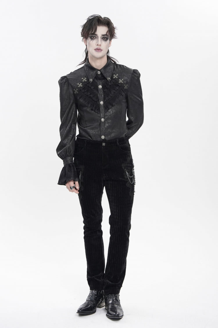 Black Cross Spider Turn-down Collar Long Trumpet Sleeves Printed Lace Men's Gothic Shirt