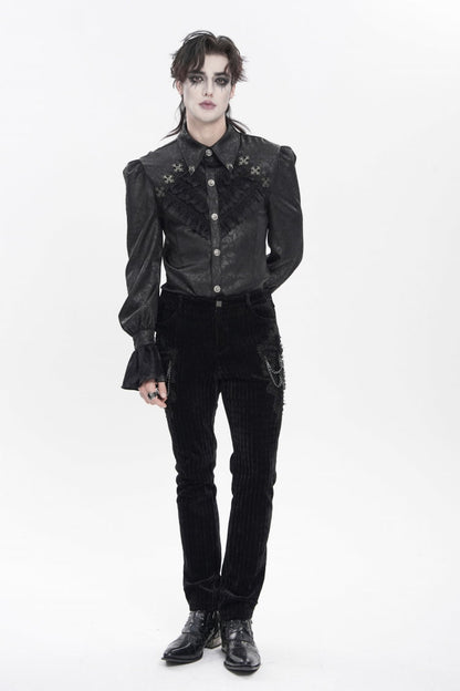 Black Cross Spider Turn-down Collar Long Trumpet Sleeves Printed Lace Men's Gothic Shirt