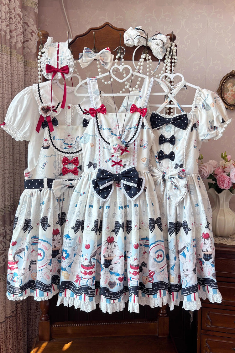 Beige [Mystery Rabbit Tea Party] Sleeveless Print Ruffle Bowknot Lace Sweet Lolita Jsk Dress