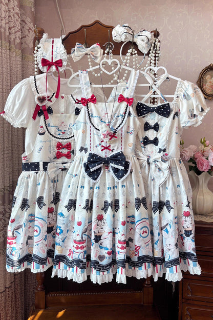 Beige [Mystery Rabbit Tea Party] Sleeveless Print Ruffle Bowknot Lace Sweet Lolita Jsk Dress