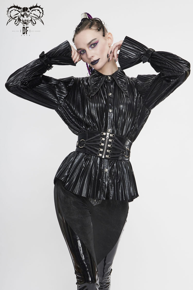 Black Metal Buckles Cuff Bright Pleated Pointed Collar Leather Loops Women's Punk Blouse
