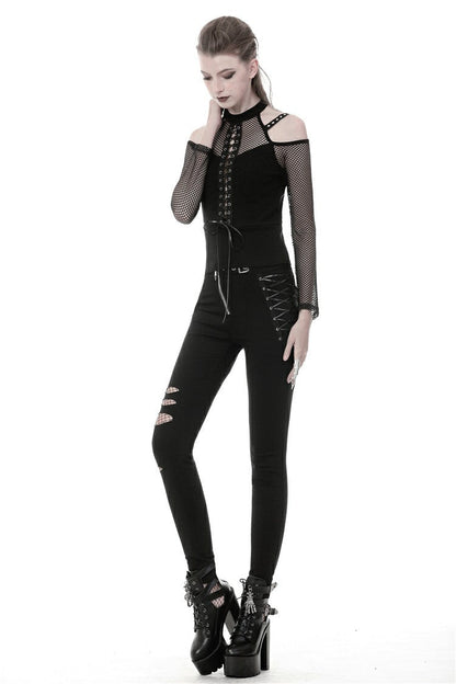 Black Off Shoulder Long Sleeves Lace-Up Mesh Women's Punk Top