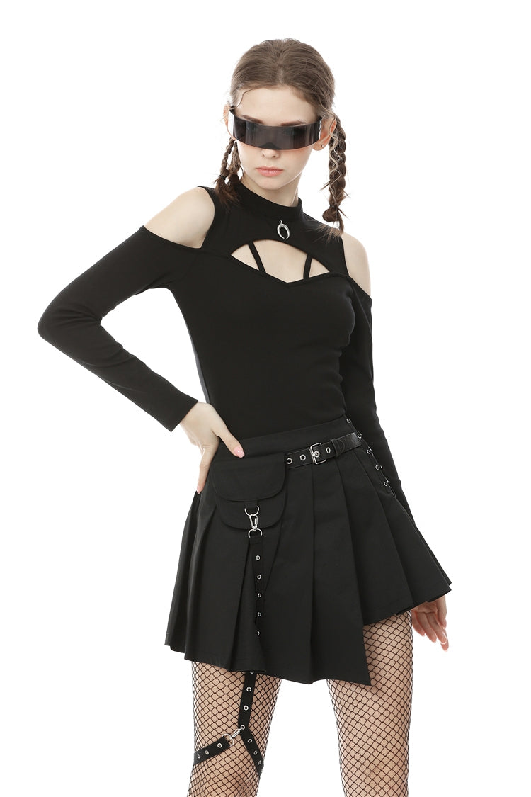 Black Lace-Up Irregular Hem Pleated Women's Punk Skirt with Side Bag