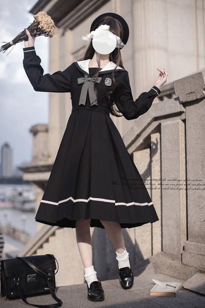 Black Navy Collar Long Sleeves Bowknot Sweet Japanese College Style Elegant Lolita Dress