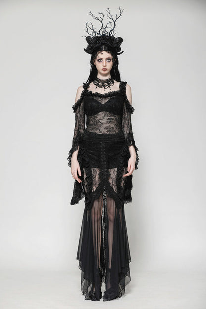 Black Lace-Up Mesh Spliced Lace Women's Gothic Fishtailed Skirt