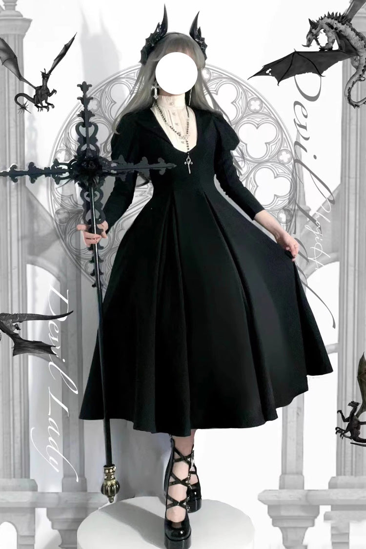 Black Nun Long Puff Sleeves High Waisted Gothic Plus Size Lolita Dress