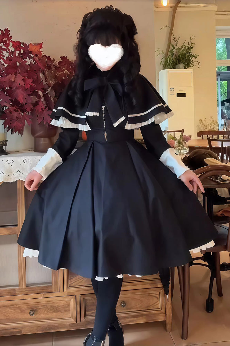 Black Long Sleeves Ruffled Bow Maid Gothic Lolita Dress Cloak Two-piece Set
