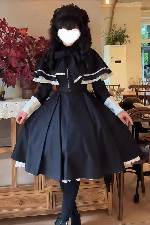 Black Long Sleeves Ruffled Bow Maid Gothic Lolita Dress Cloak Two-piece Set