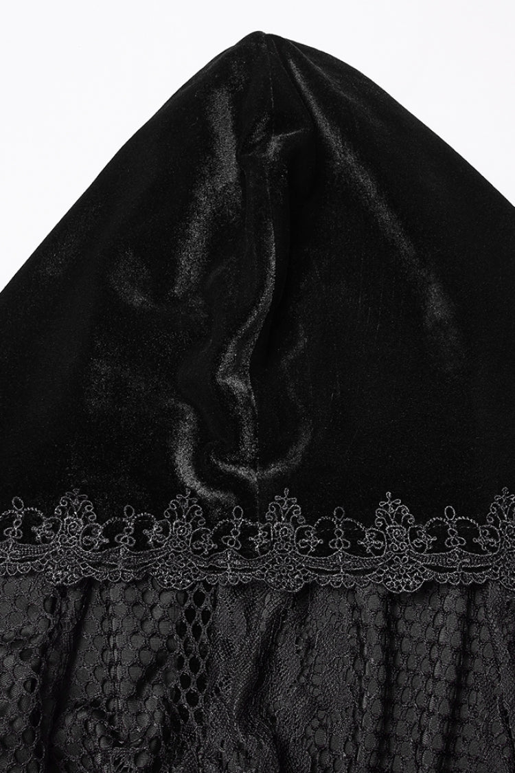 Black Floral Embroidery Diamante Velvet Hooded Women's Gothic Cloak