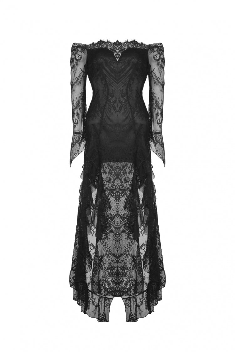 Black Off Shoulder Long Sleeves Lace Lace-Up Women's Gothic Mermaid Wedding Dress