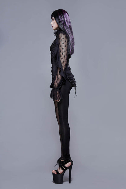 Black Chiffon High Collar Front Chest Beaded Flowers Lace Cuff Back Waist Lace Up Women's Gothic Blouse