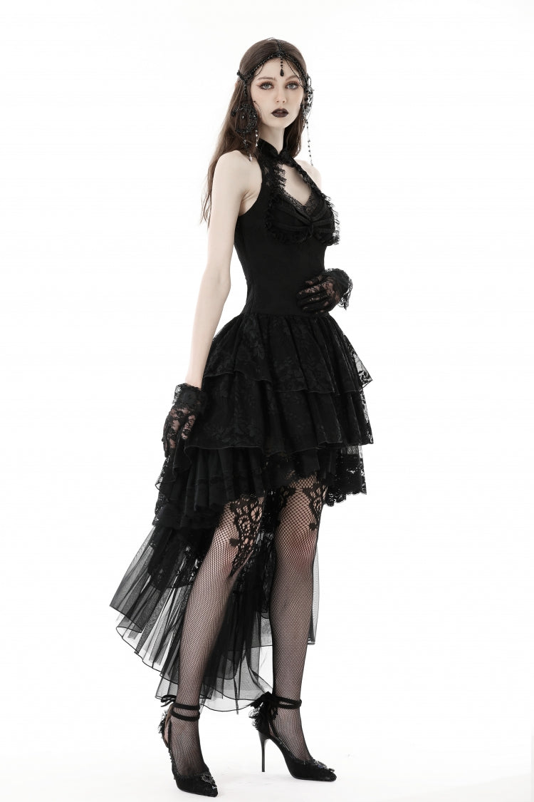 Black Off Shoulder Halterneck Sleeveless Irregular High Low Multi-Layered Lace Women's Gothic Dress