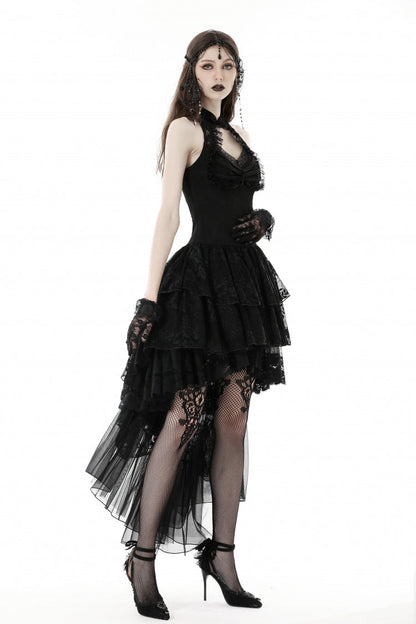 Black Off Shoulder Halterneck Sleeveless Irregular High Low Multi-Layered Lace Women's Gothic Dress
