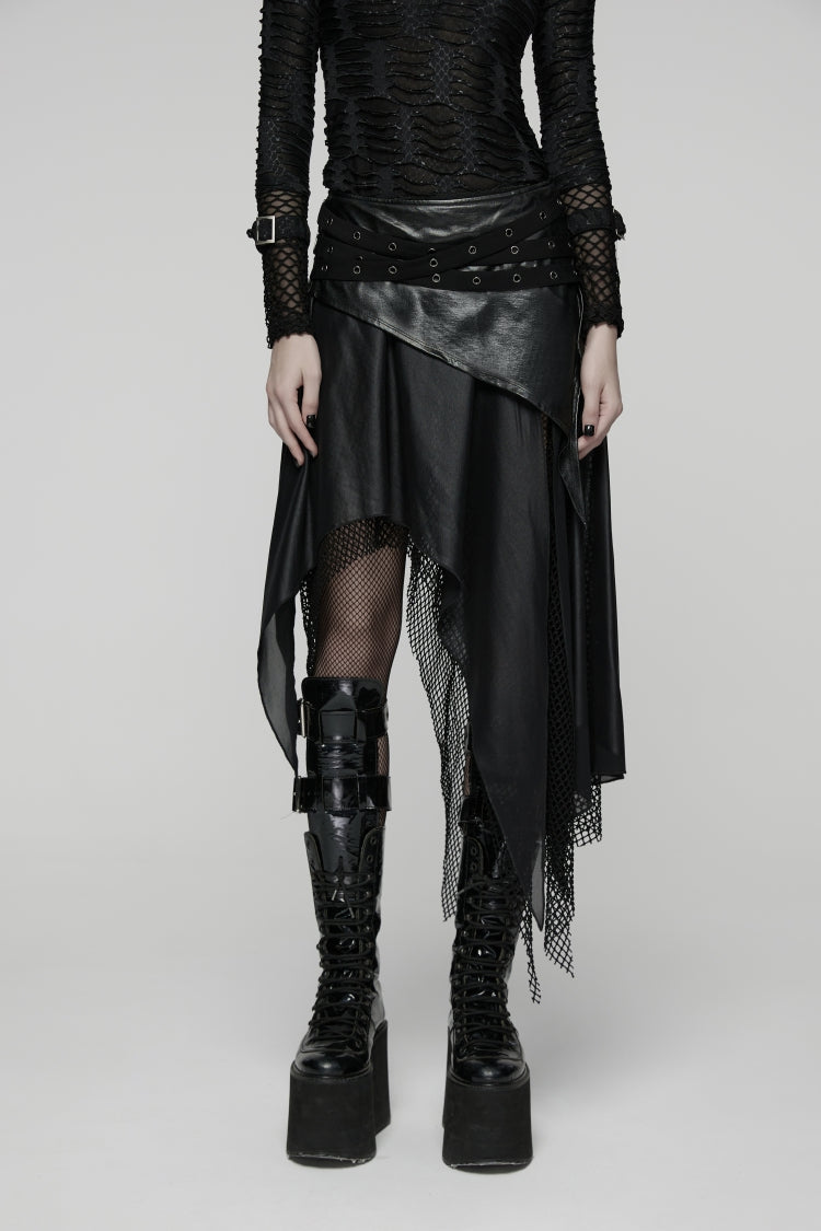 Black Double-Layered Irregular Eyelet Women's Punk rregular Wasteland Skirt