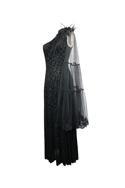 Black One Shoulder Mesh Shawl Feather Lace Decoration Velvet Long Women's Gothic Dress
