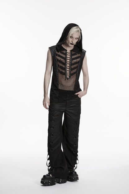 Black Multi-Layered Mesh Eyelet Men's Punk Cool Strappy Pants