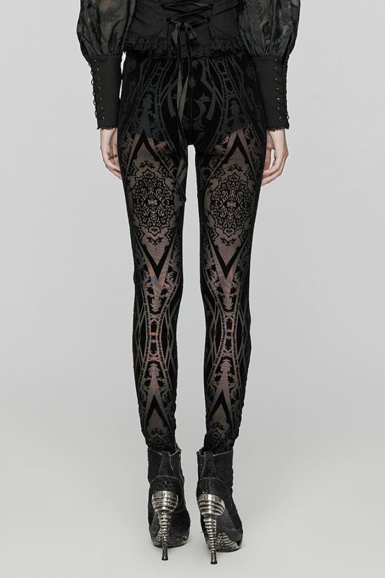 Black Floral Embroidery Mesh Women's Gothic Leggings