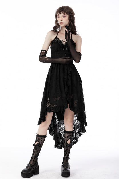 Black Off Shoulder Halterneck Ruffled Lace-Up Swallow Tail Floral Lace Women's Gothic Dress