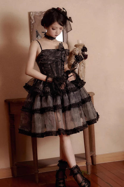 Black Multi-layer Butterfly Print Bowknot Lace Fish Bone Gothic Lolita Jsk Dress