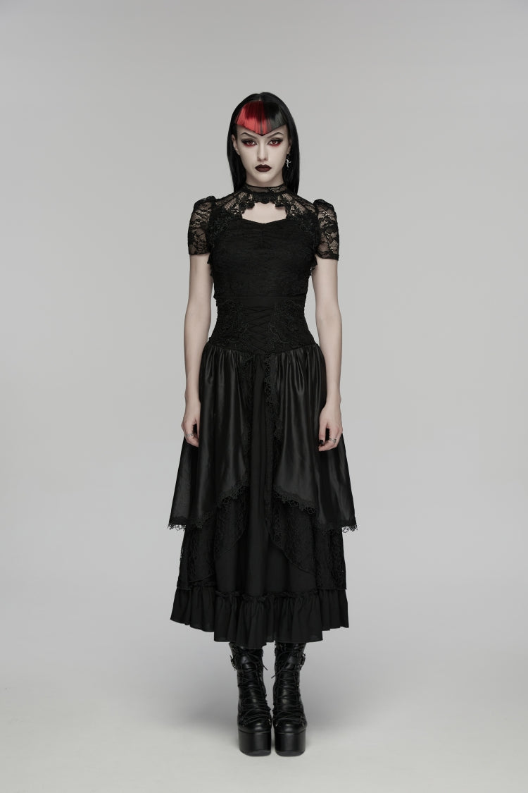 Black High Waisted Multi-Layered Floral Embroidered Lace Pleated Women's Gothic Elegant Cosplay Skirt