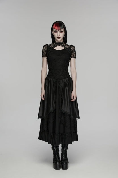 Black High Waisted Multi-Layered Floral Embroidered Lace Pleated Women's Gothic Elegant Cosplay Skirt