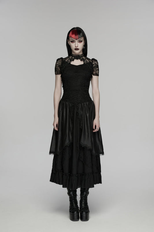 Black High Waisted Multi-Layered Floral Embroidered Lace Pleated Women's Gothic Elegant Cosplay Skirt