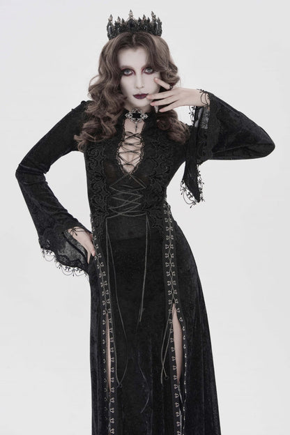 Black Halterneck Long Trumpet Sleeves Hanayome Lace Lace-Up Slim Chain-Decorated Women's Gothic Dress Plunging Split Maxi Dress