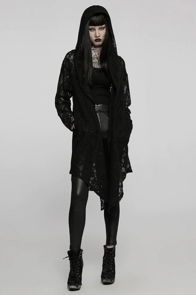 Black Floral Print Hollow Mesh Hooded Womens Gothic Coat