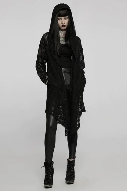 Black Floral Print Hollow Mesh Hooded Womens Gothic Coat