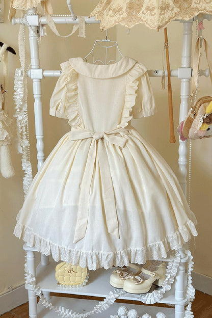 Apricot [Sweet Dream Bunny] Doll Collar Short Sleeves Ruffle Embroidery Bowknot Sweet Plus Size Lolita Dress