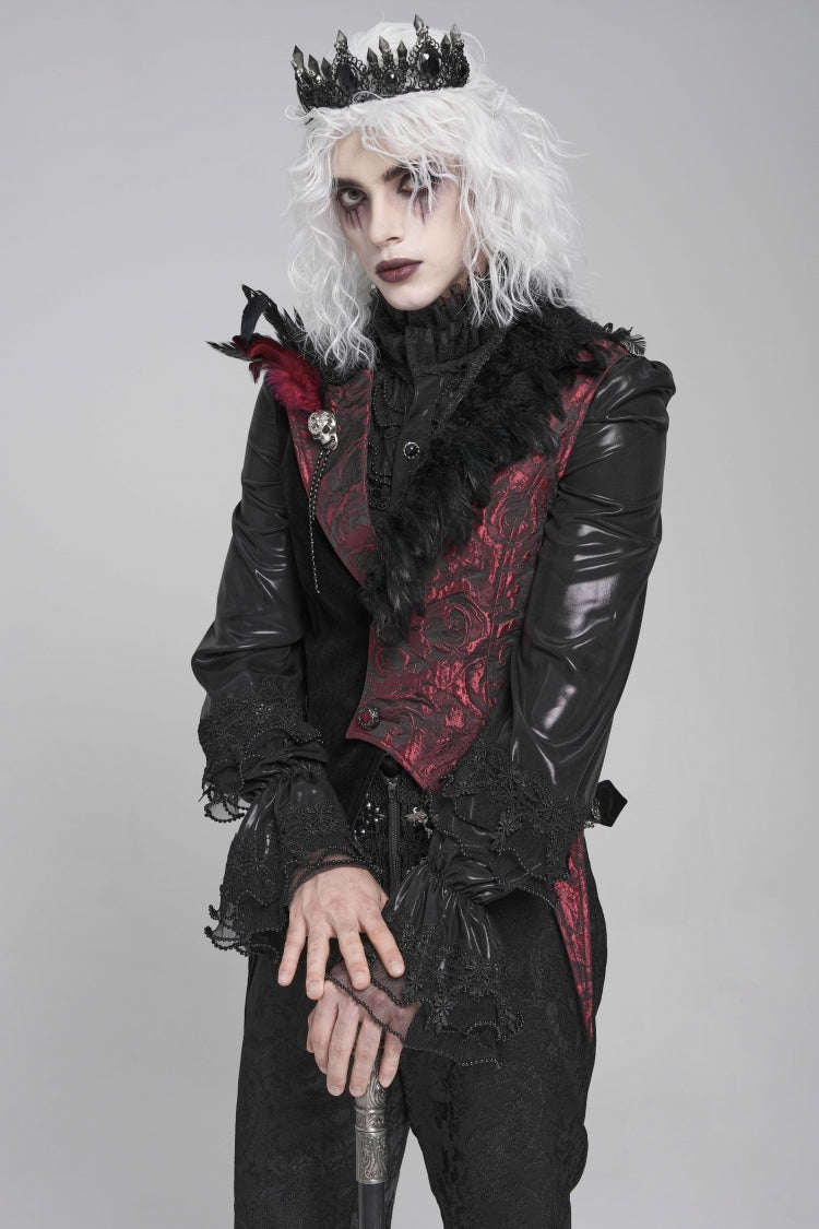 Black Long Sleeves Rose Print Irregular Contrast Color Men's Gothic Vest with Detachable Feather Accessory