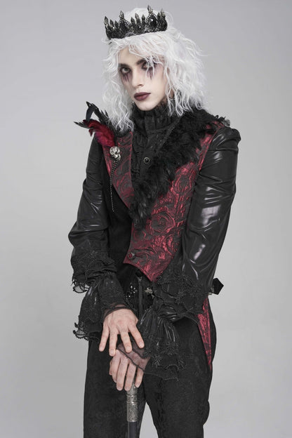 Black Long Sleeves Rose Print Irregular Contrast Color Men's Gothic Vest with Detachable Feather Accessory