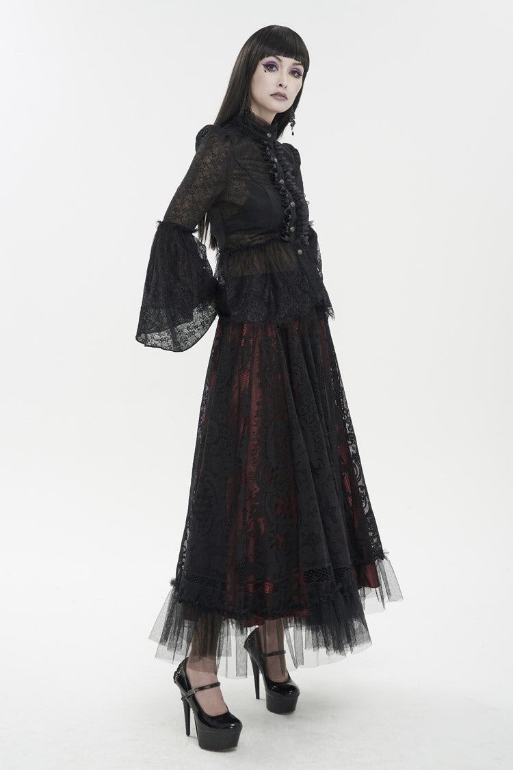 Black Lace Round Collar Flared Sleeved Women's Gothic Shirt