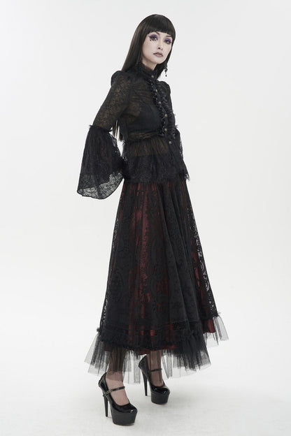 Black Lace Round Collar Flared Sleeved Women's Gothic Shirt