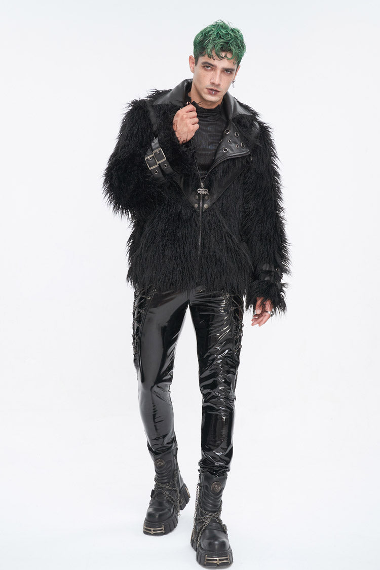 Black Lapel Collar Collar Faux Fur Men's Punk Jacket