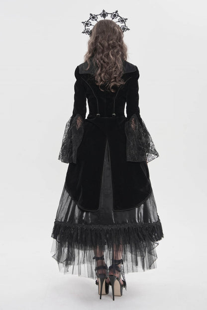Black Long Trumpet Sleeves Embroidered Lace Slim Zippered Women's Gothic Bat Wing Collar Double-breasted Zip Jacket