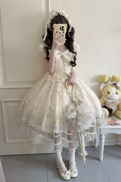 Apricot [Eternal Vow] Sleeveless Multi-Layered Ruffle Hanayome Bowknot Lace Lace-Up Sweet Lolita Jsk Dress