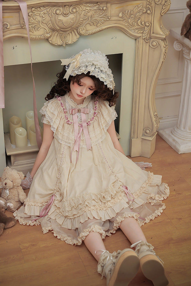 Apricot [Lily's Dream] Stand Collar Short Sleeves Loose-Fit Doll-Like Multi-Layered Ruffled Bow Lace Sweet Lolita Dress 2 Versions