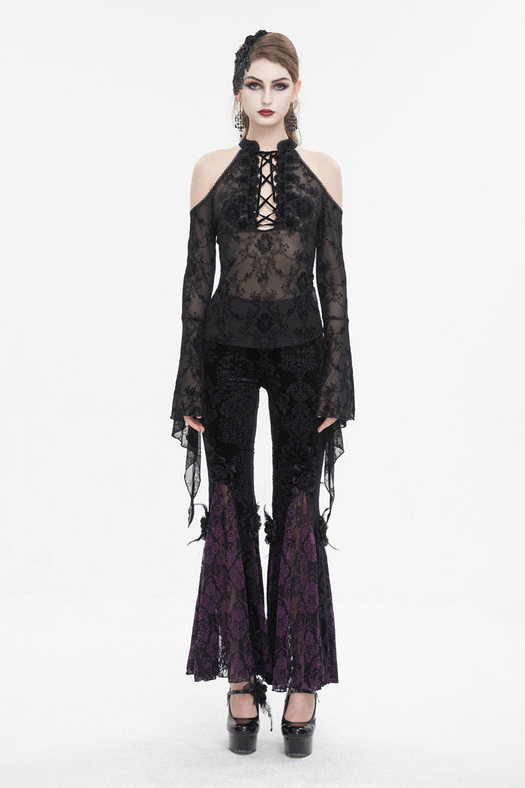 Black Off Shoulder Flared Sleeved Lace Mesh Women's Gothic Shirt