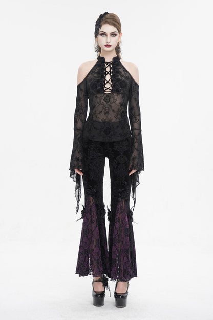 Black Off Shoulder Flared Sleeved Lace Mesh Women's Gothic Shirt