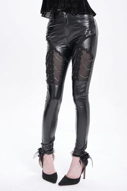 Black Chain Faux Leather Stitching Lace Women's Gothic Pants