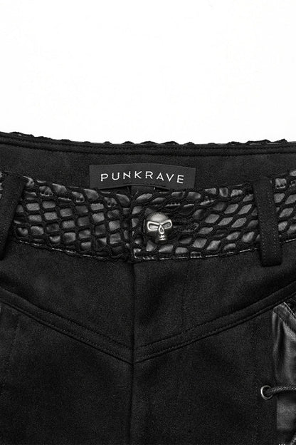 Black Metal Eyelets Faux Leather Stitching Mesh Women's Steampunk Pants