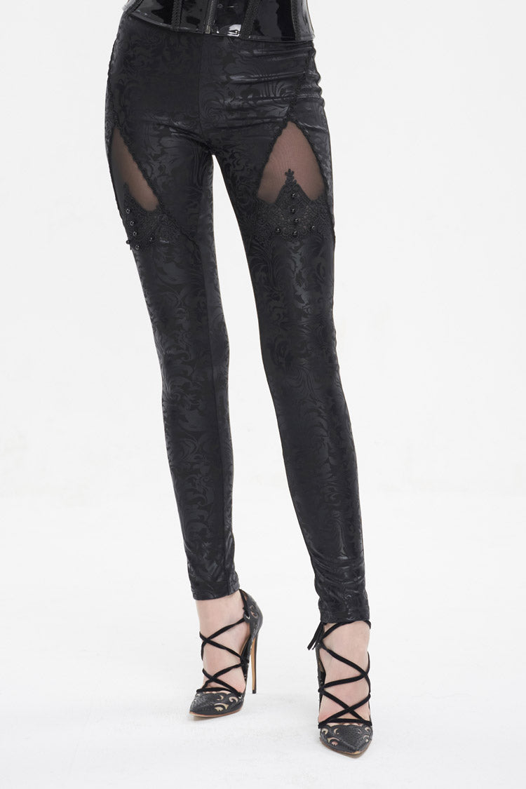 Black Floral Embroidered Mesh Splice Women's Gothic Leggings