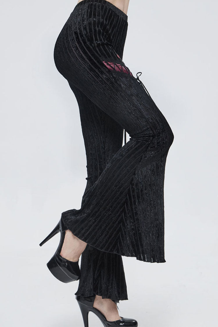 Black Gothic Striped Flocking V-Shaped Cross Lace Stitching Flared Women's Pants