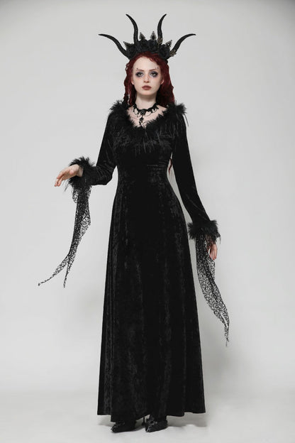 Black Long Sleeves Velvet Lace Women's Gothic Maxi Dress Wedding Dress
