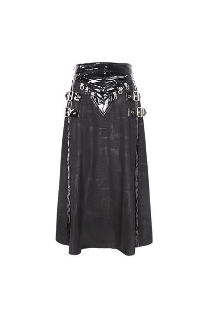 Black Patent Leather Splice Split Men's Punk Skirt