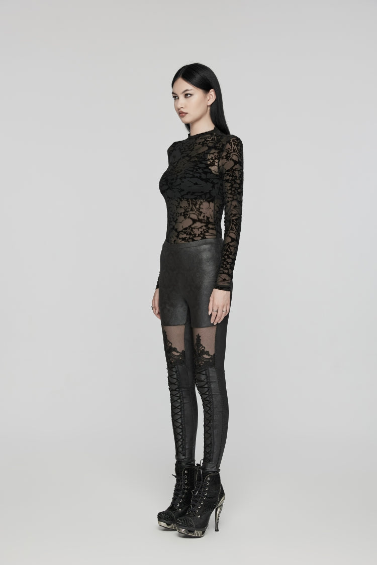 Black Embroidered Spliced Sheer Women's Gothic Leggings