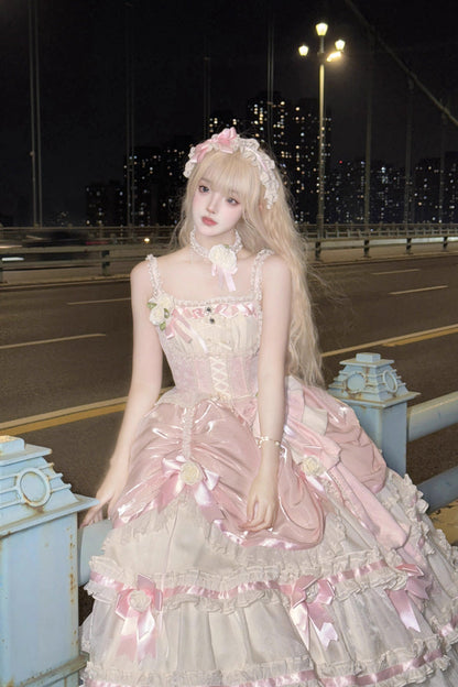 Apricot/Pink Multi-layer Ruffle Hanayome Bowknot Sweet Princess Gorgeous Long Lolita Jsk Dress